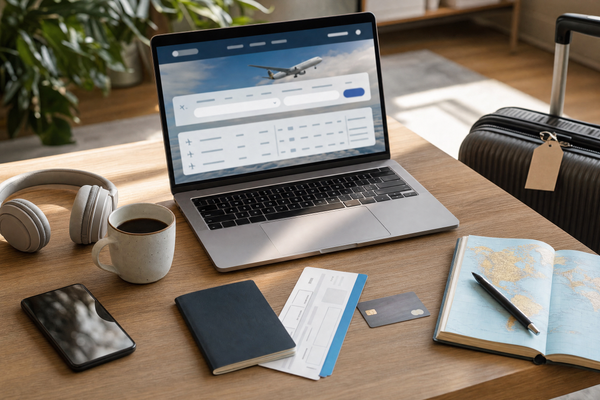 Traveler comparing flight options on a laptop with departure board in background