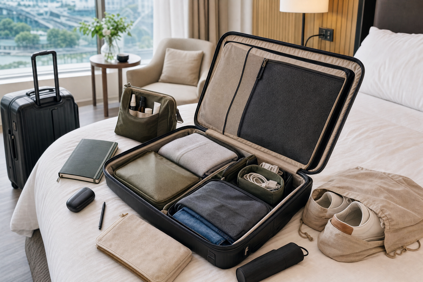 A neatly packed suitcase with color-coded packing cubes and travel accessories