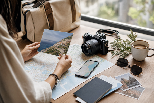 Traveler taking candid photos in natural sunlight, enjoying the moment.