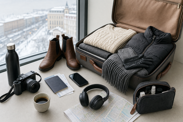 Neatly packed suitcase with warm winter clothes, boots, and accessories for a stylish city break.