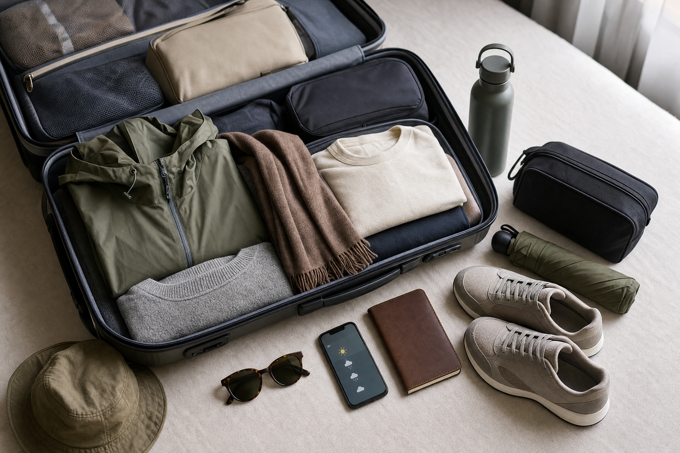Open suitcase with layered clothes, rain jacket, and travel shoes ready for variable weather.