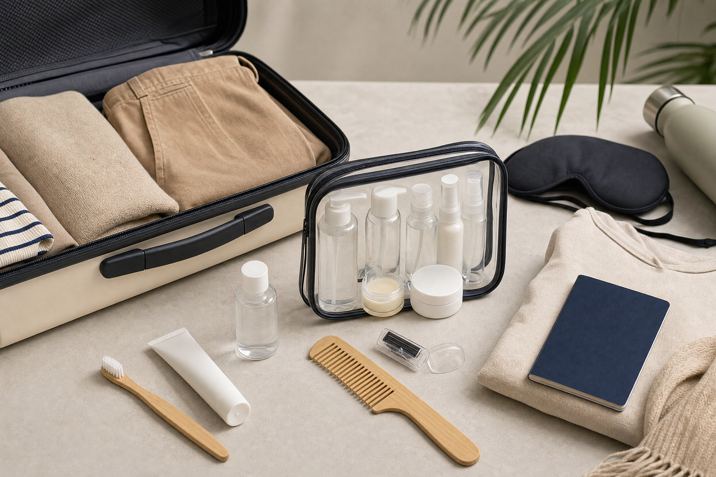 Toiletries organized in travel bottles and pouches on a suitcase, ready for airport security.