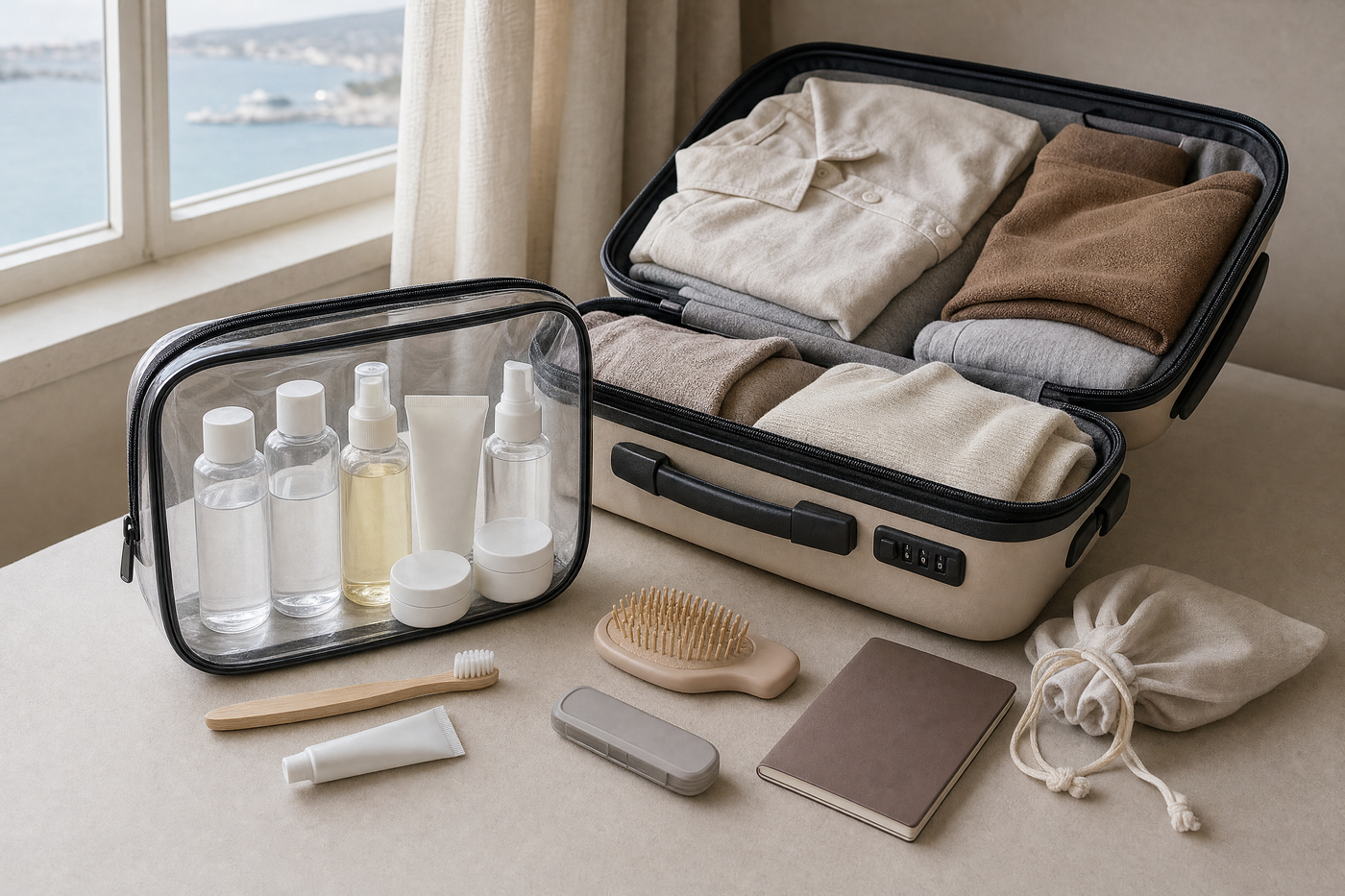 A compact clear toiletry bag with travel-size bottles, solid toiletries, and grooming essentials, neatly organized on a countertop.