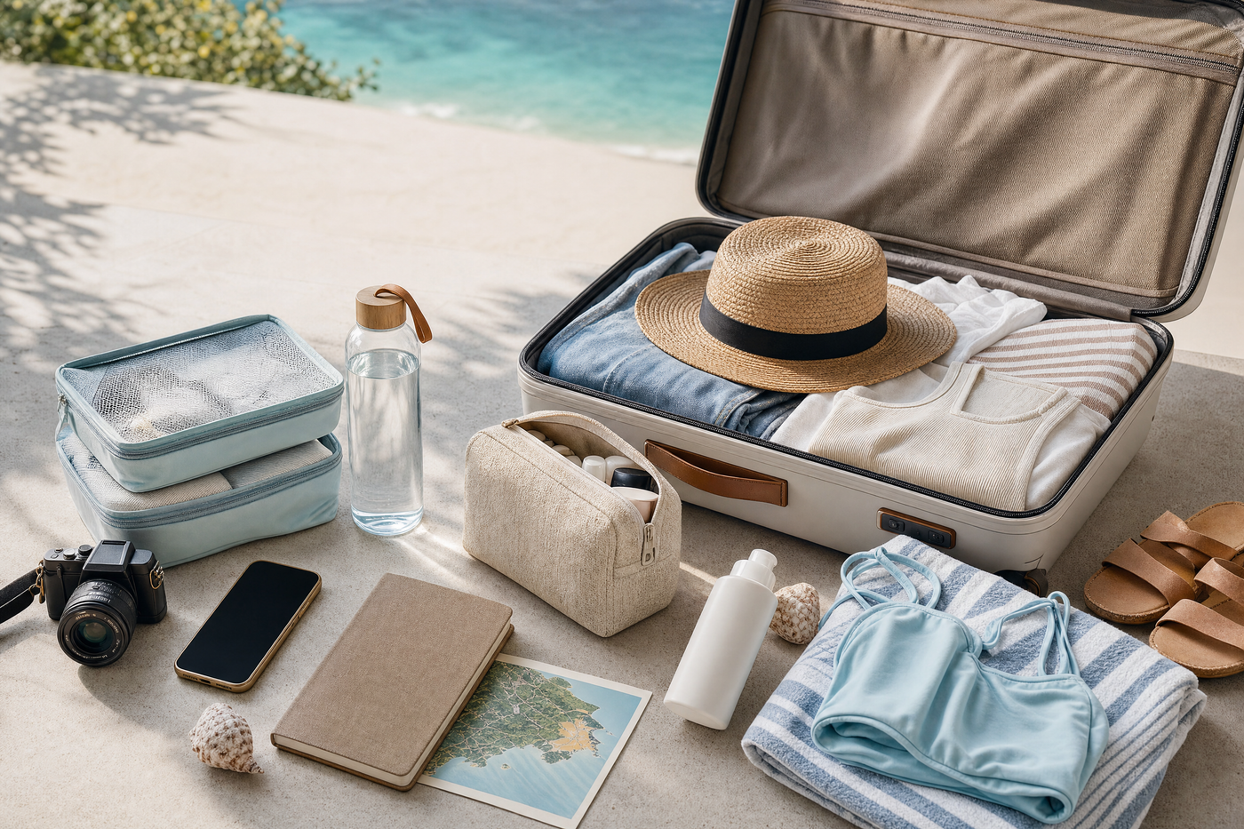 Efficiently packed beach bag with key essentials for a sunny trip.