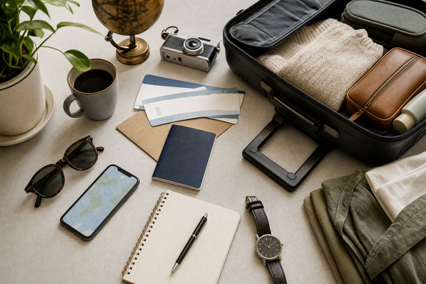 Travel essentials and phone on a table, planning a trip quickly
