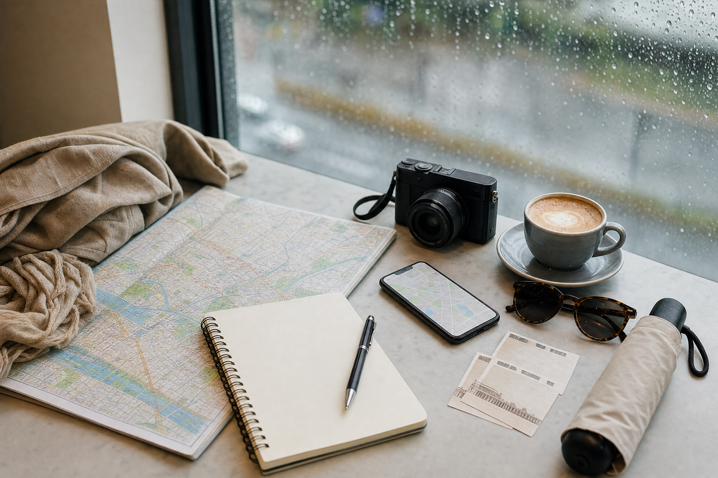 Travelers looking at a rain-soaked city map inside a cozy café
