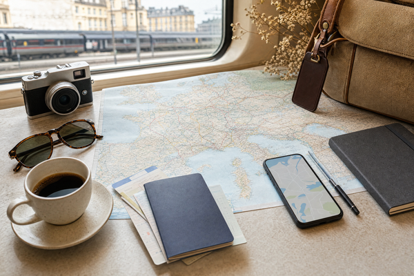 A traveler at a European train station consulting a checklist