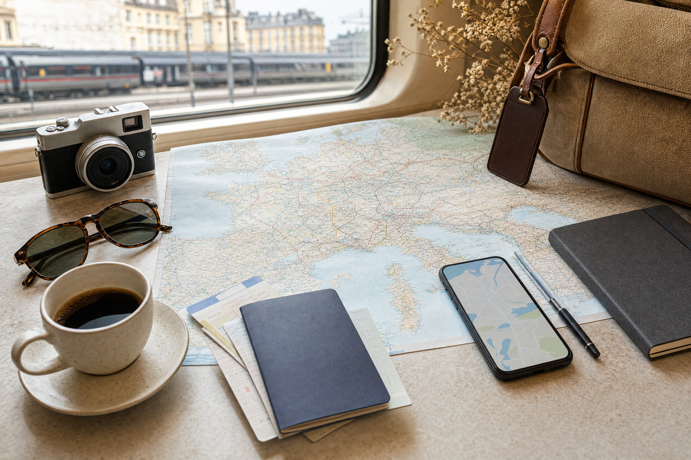 A traveler at a European train station consulting a checklist