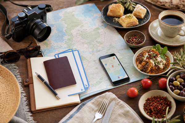 Street market food tour with diverse dishes and travellers sampling local cuisine