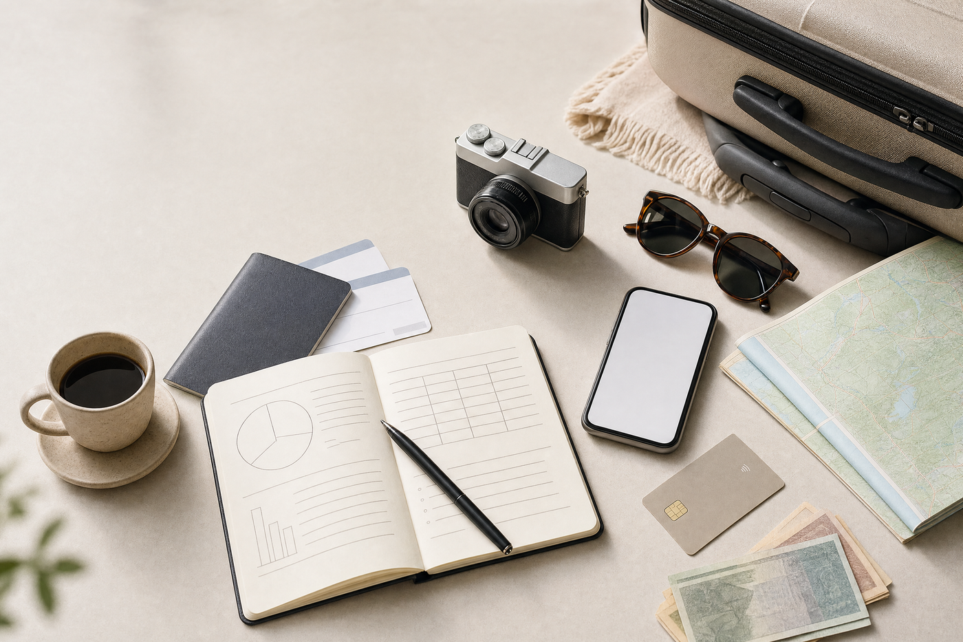 A traveler organizes bills, coins, and a notepad while booking travel online