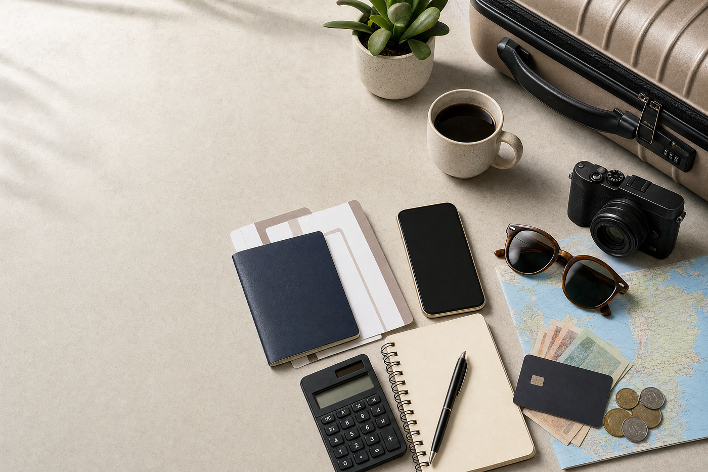 Traveler reviewing budget checklist with calculator, notebook, and travel documents