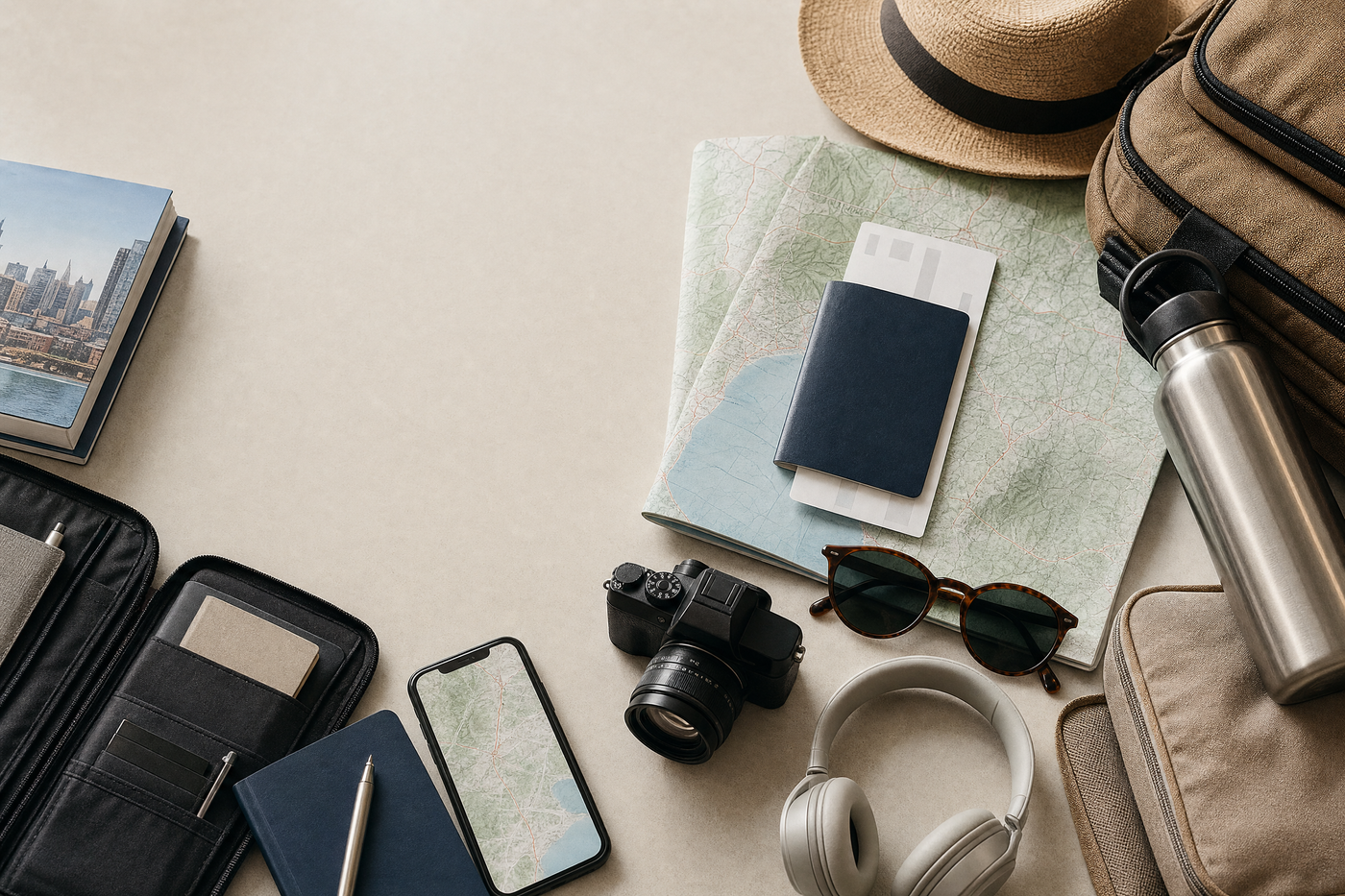 Travelers with different styles planning a trip together with maps and apps.