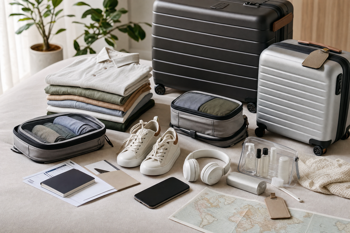 A split image of a neatly packed carry-on next to an open, organized checked suitcase in a modern hotel room.