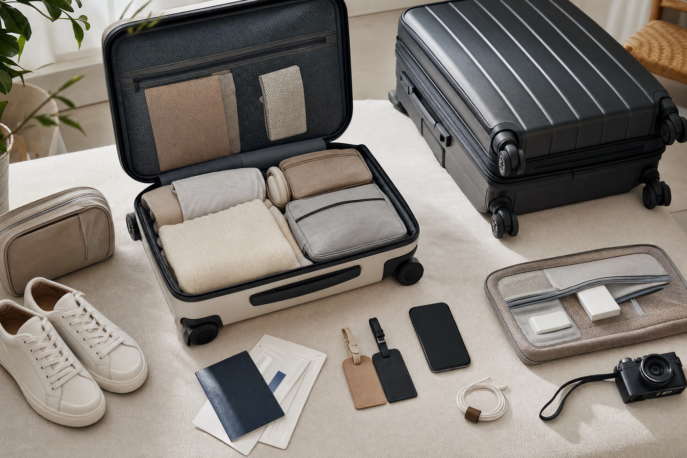Travelers efficiently packing both carry-on and checked luggage at home