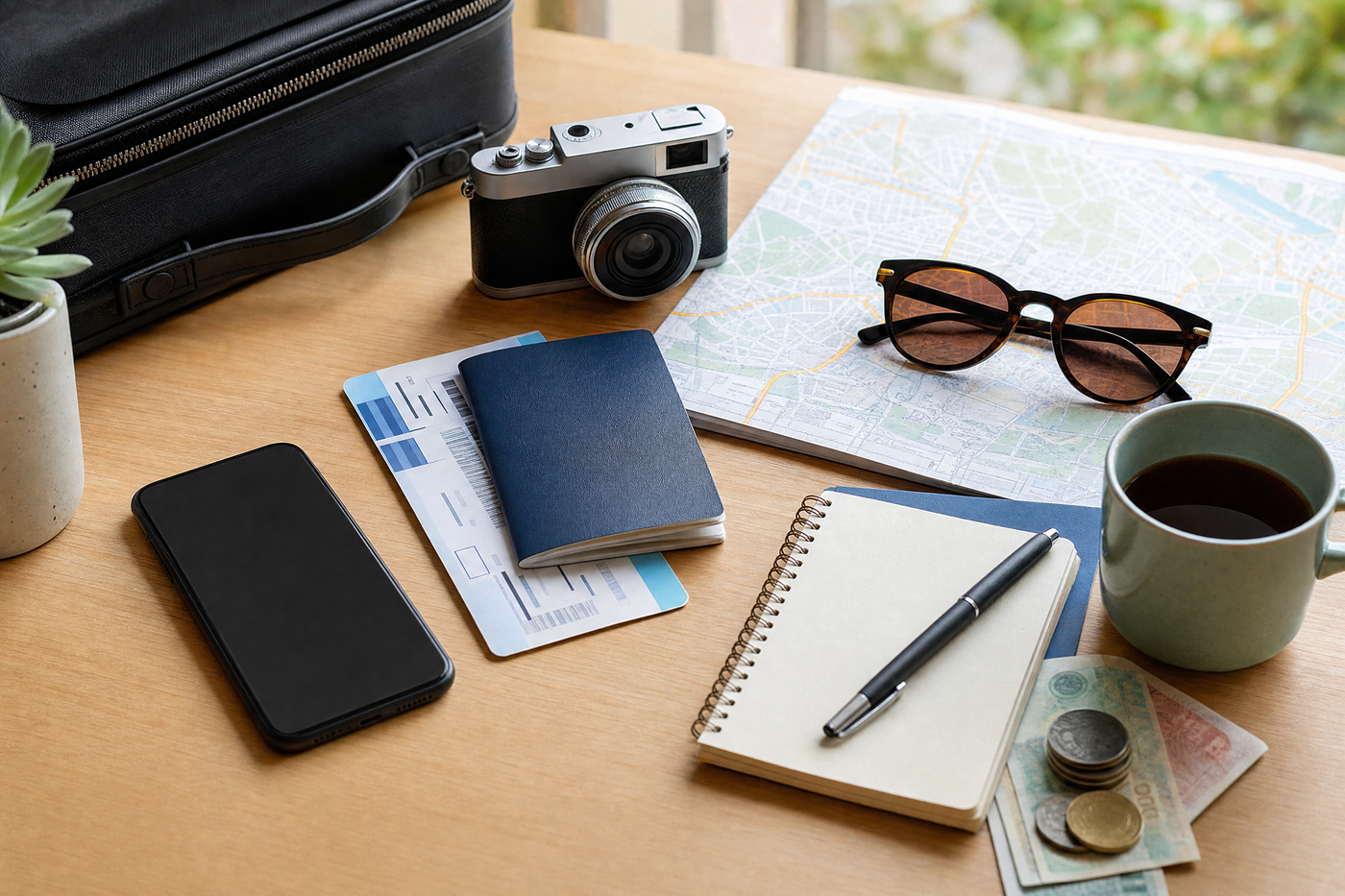 Traveler reading a map with wallet and travel guide, planning a budget vacation