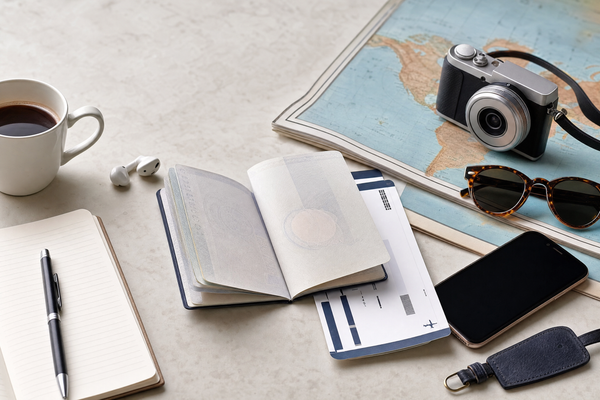 Passports, travel documents, and luggage on a table preparing for an international trip