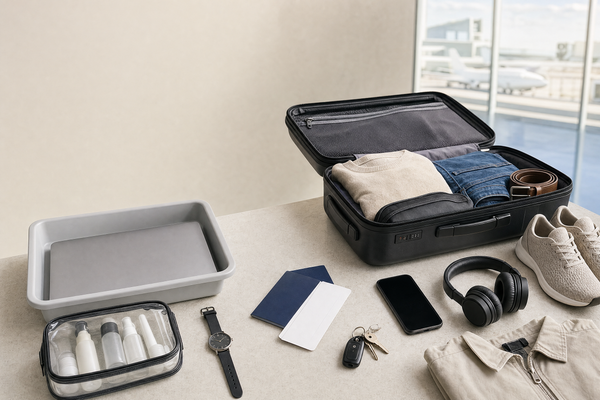A traveler organizing belongings in a security checkpoint tray at the airport