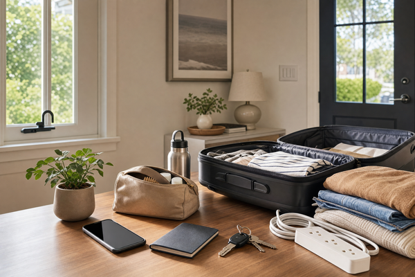 Cozy living room with packed travel bags and a checklist on the table