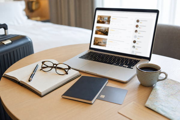 Traveler reading hotel reviews on a smartphone while planning a trip.
