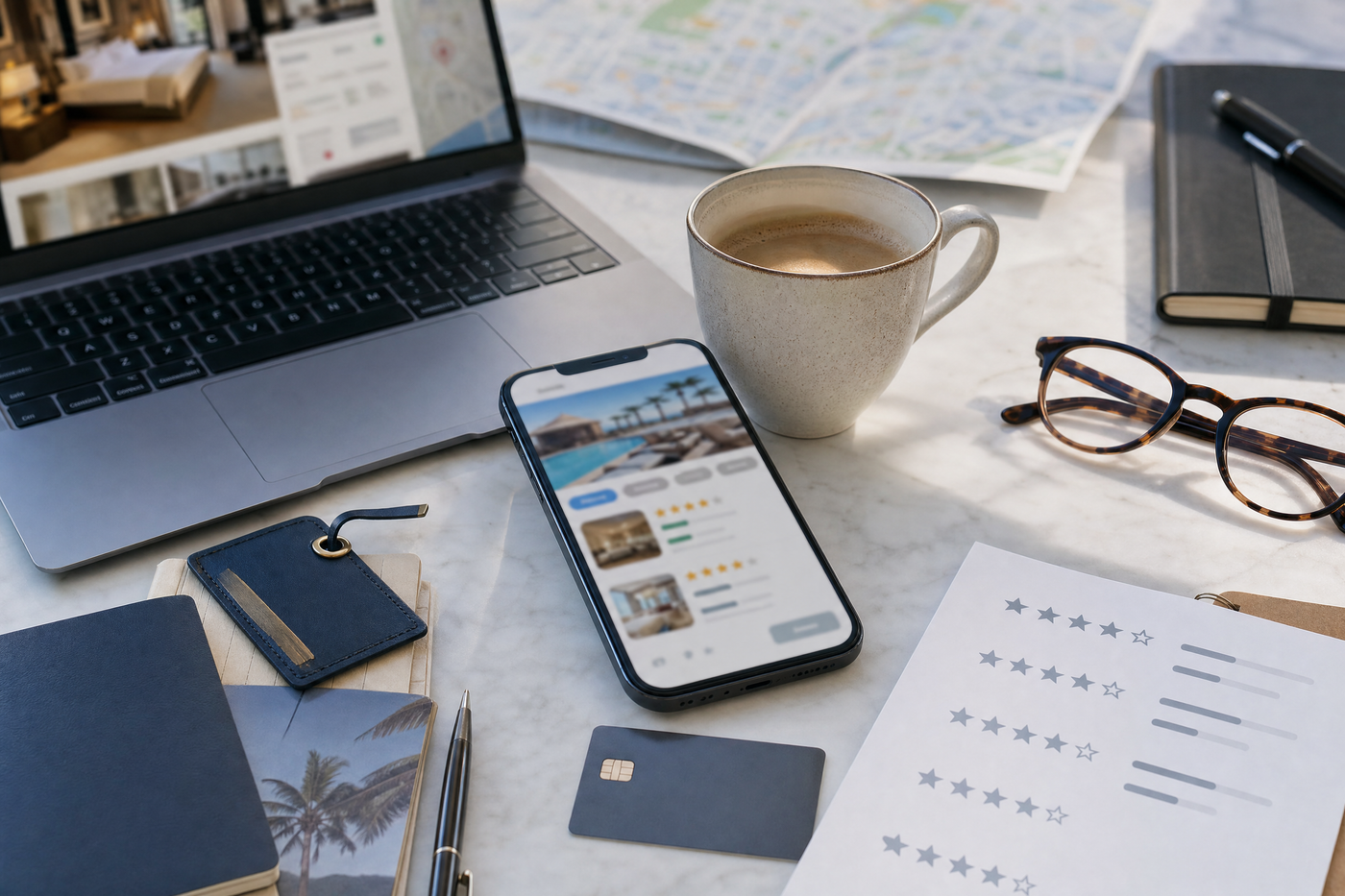 Traveler reading hotel reviews on a laptop for booking