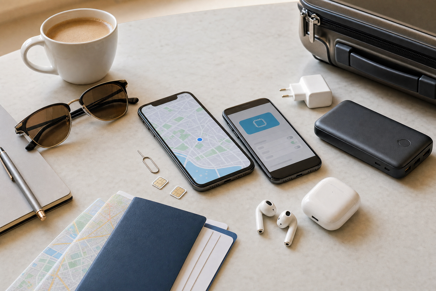 Traveler using smartphone with connectivity icons overlayed in airport