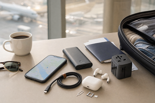 Traveler using a smartphone with airport Wi-Fi and eSIM options displayed