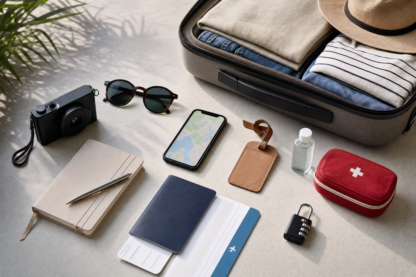 Traveler calmly organizing documents and money in a hotel room