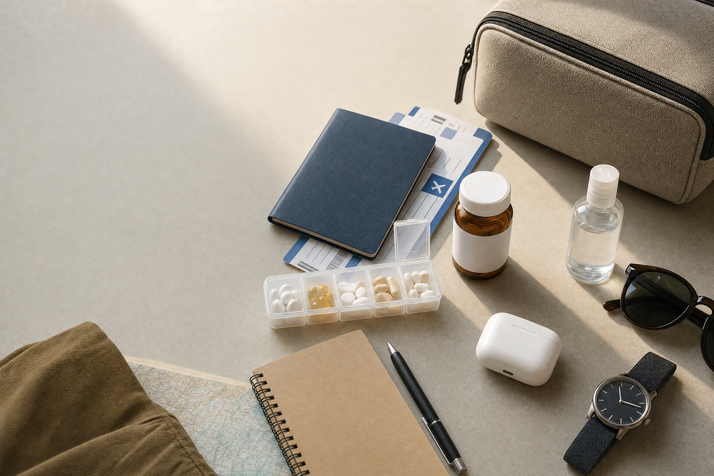 Traveler organizing prescription medication for a trip