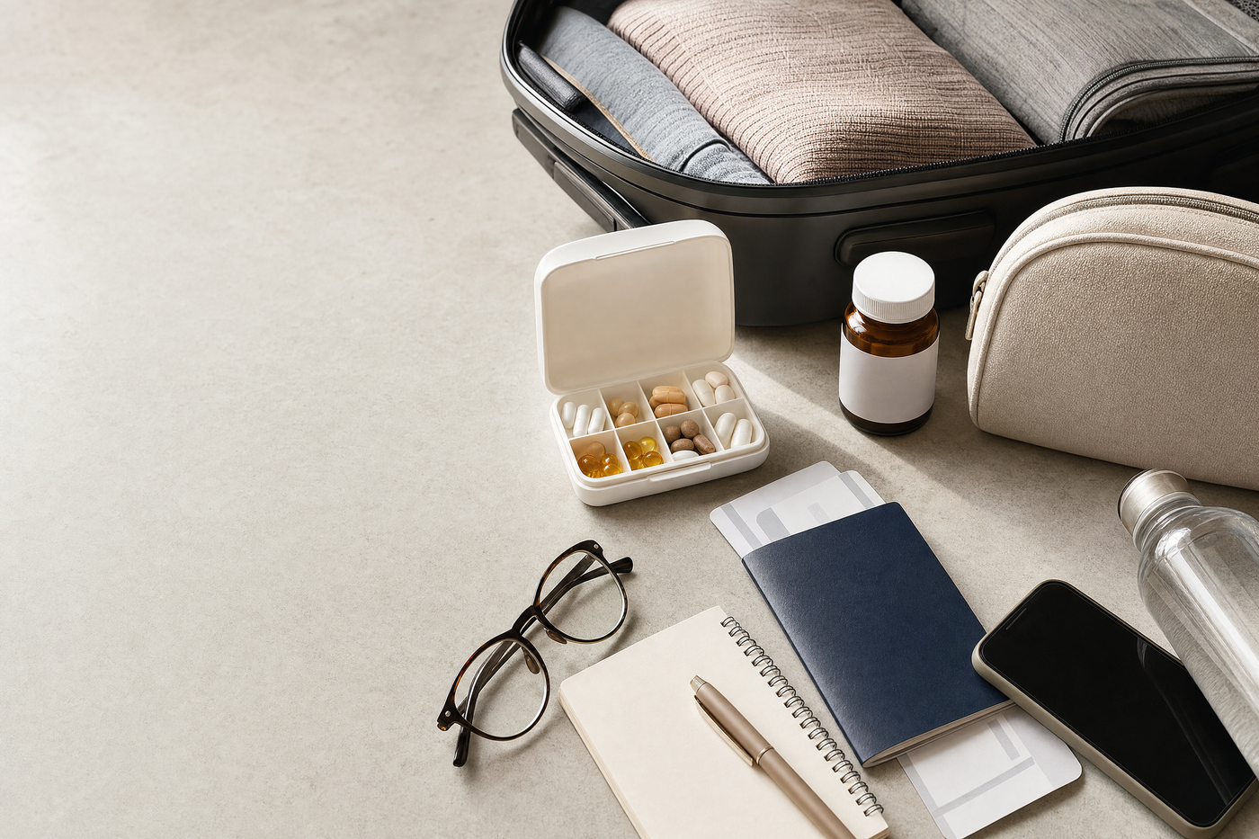 Traveler checking medication bag and paperwork at an airport terminal.