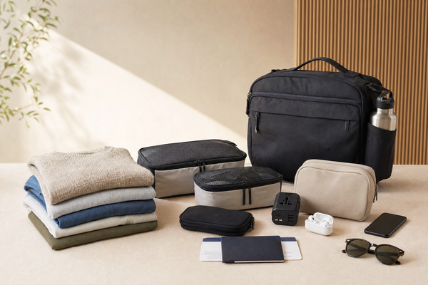 A compact backpack packed efficiently for minimalist travel