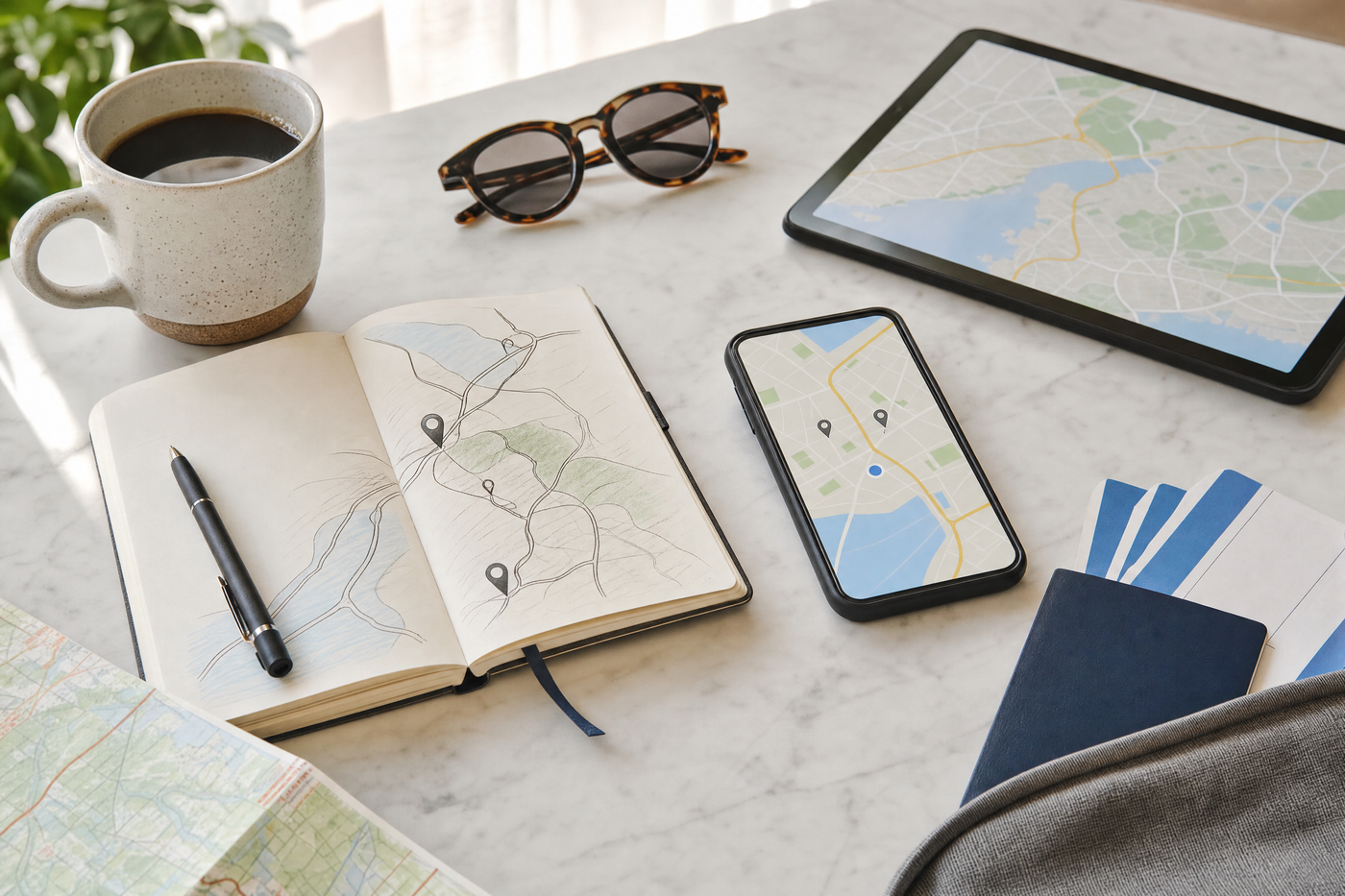 Traveler organizing trip route on Google Maps using saved places and offline map mode