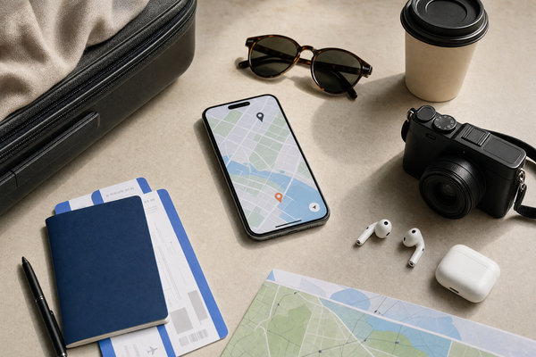 A calm traveler efficiently using travel apps on a smartphone while sightseeing