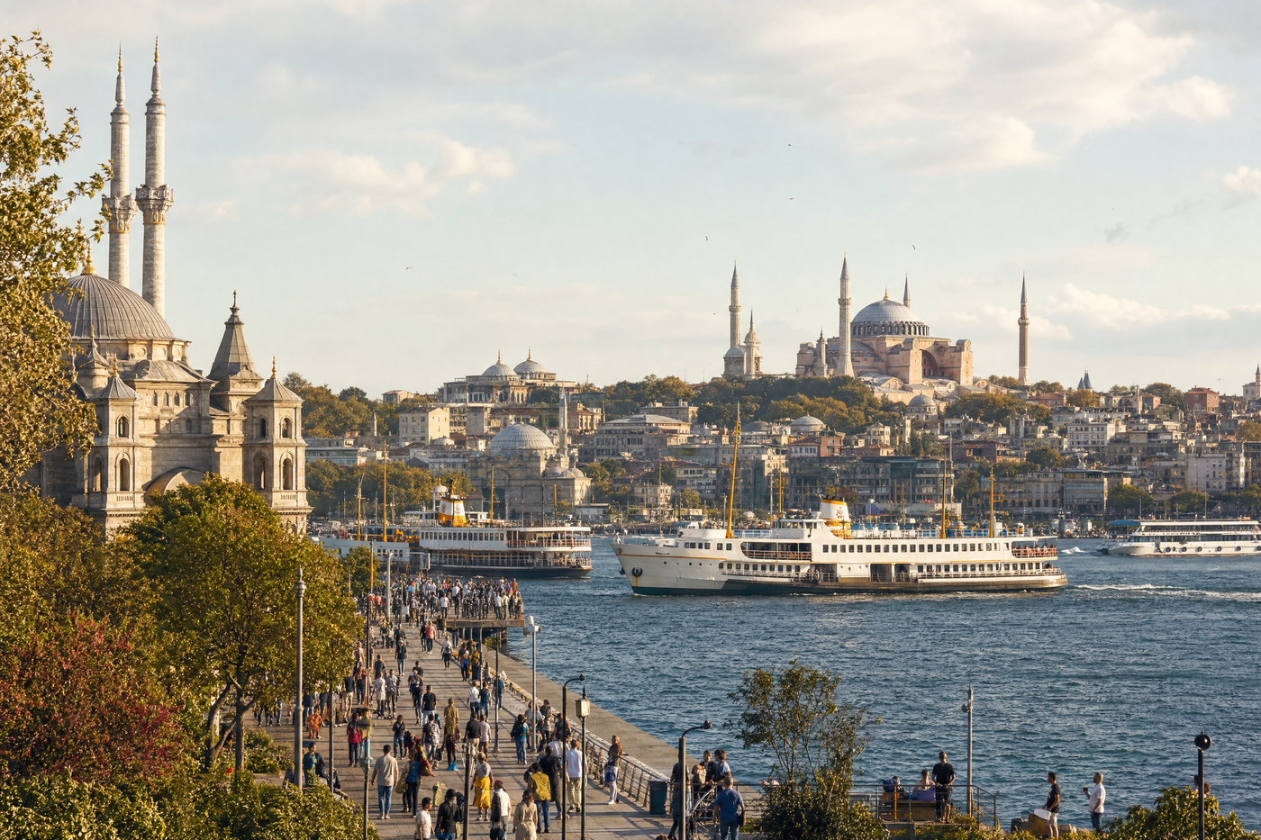 Panoramic view of Istanbul with Bosphorus waterway, mosques, and colorful cityscape