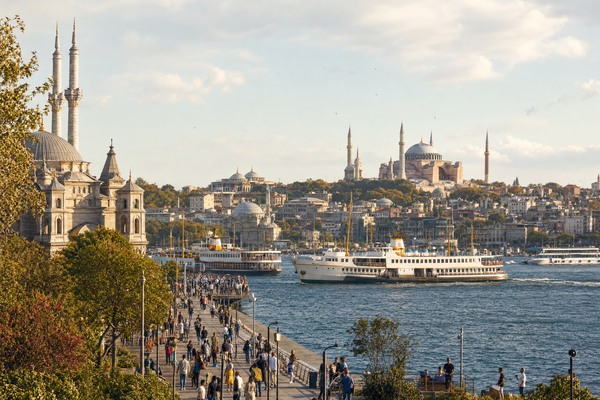 Panoramic view of Istanbul with Bosphorus waterway, mosques, and colorful cityscape