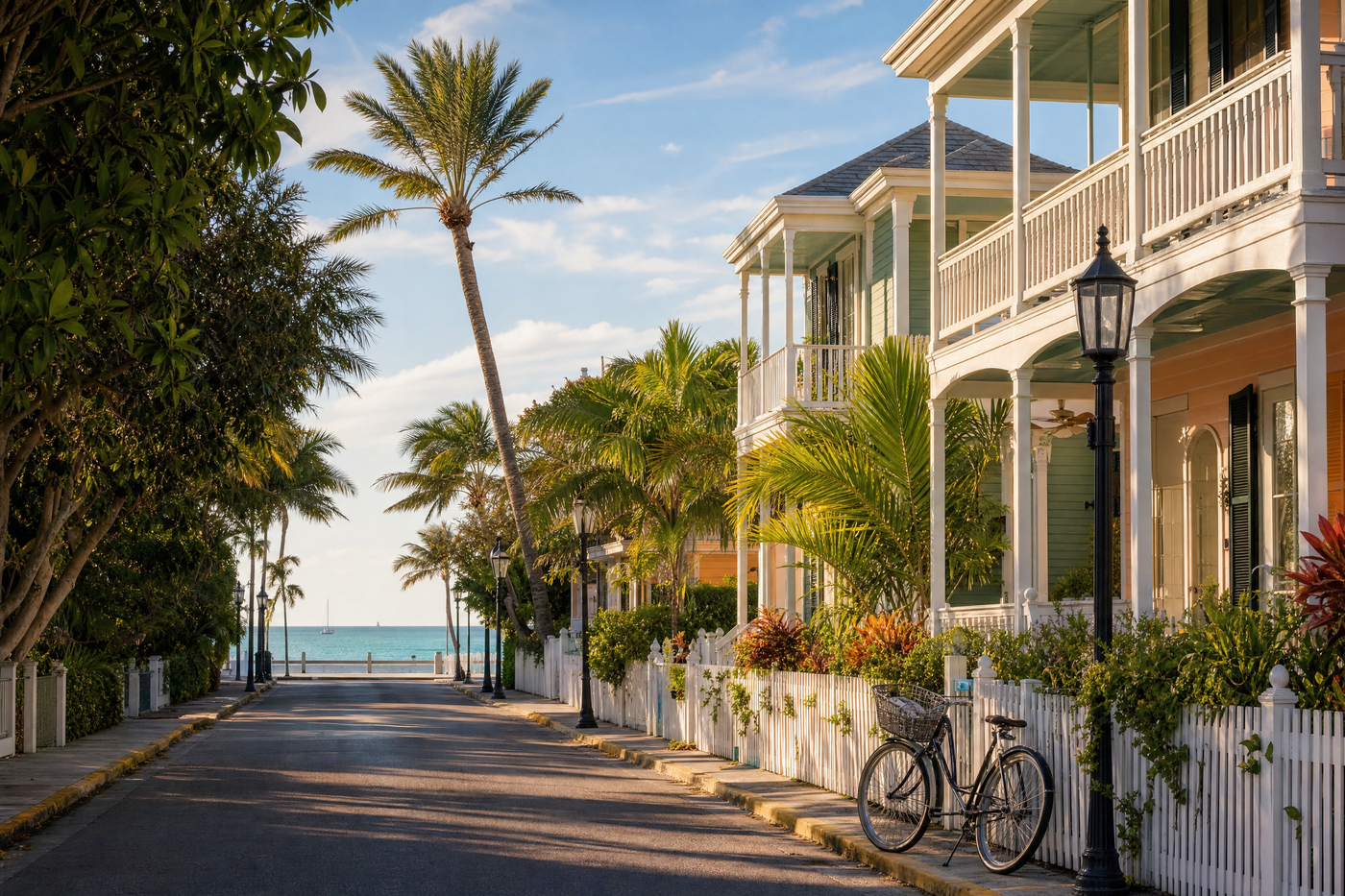 Colorful historic houses and palm trees on a sunny day in Key West.