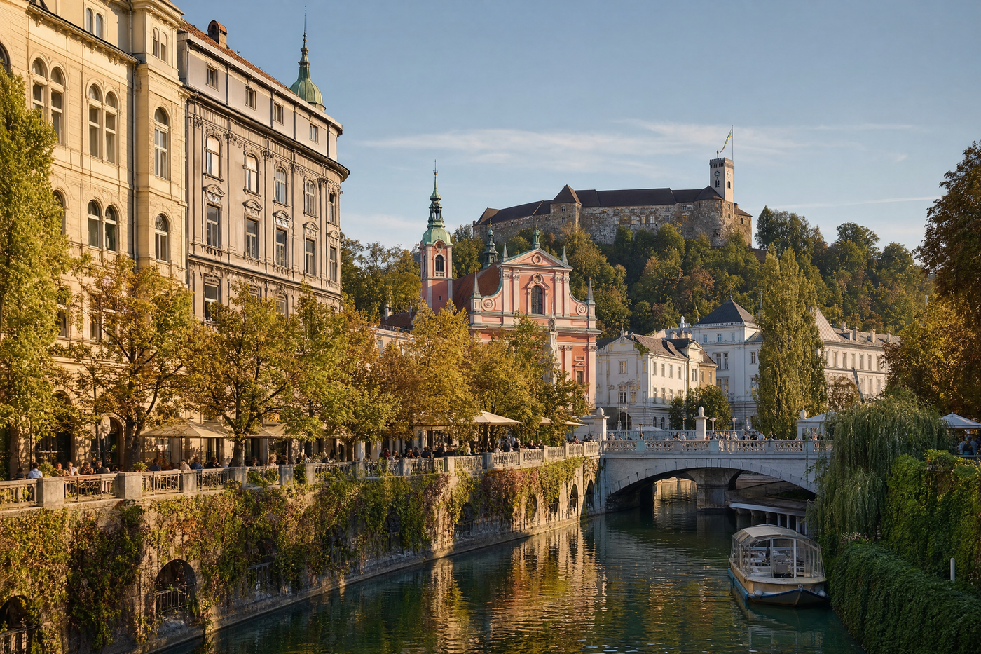 Aerial view of Ljubljana with the castle, bridges, and historic center