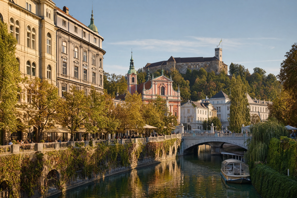 Aerial view of Ljubljana with the castle, bridges, and historic center