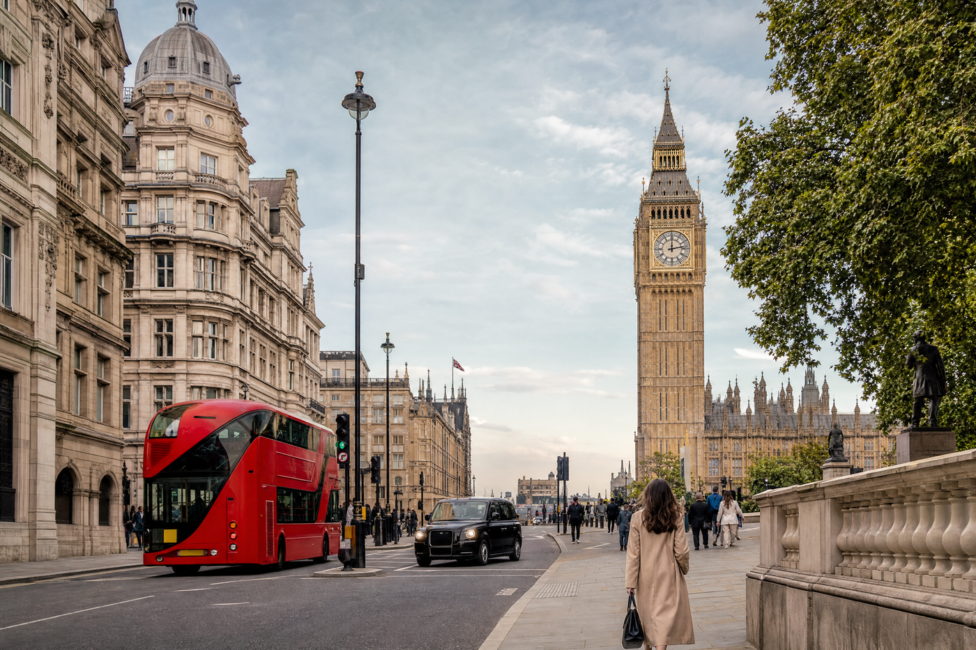 Iconic view of London skyline with the Thames, London Eye, and Big Ben under a bright sky.