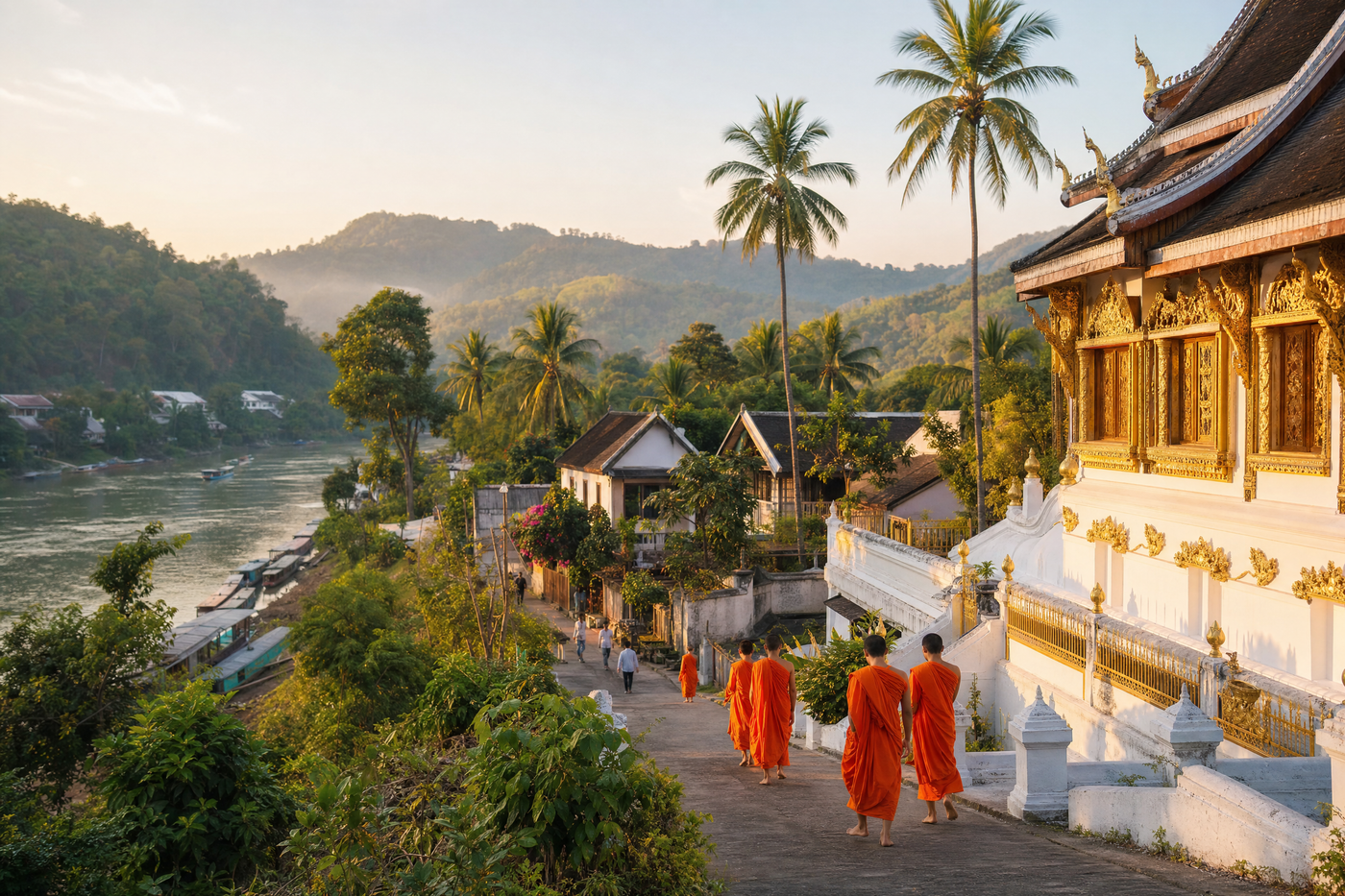 Golden pagoda and riverside scene at sunset in Luang Prabang, Laos
