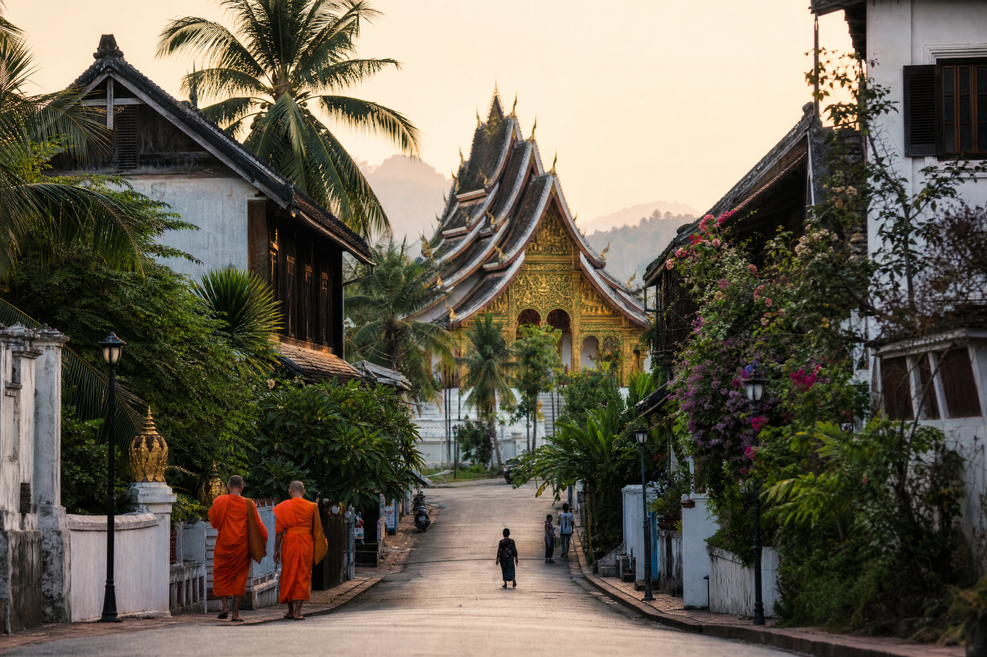 View of Luang Prabang Old Town with temples, French buildings and Mekong River
