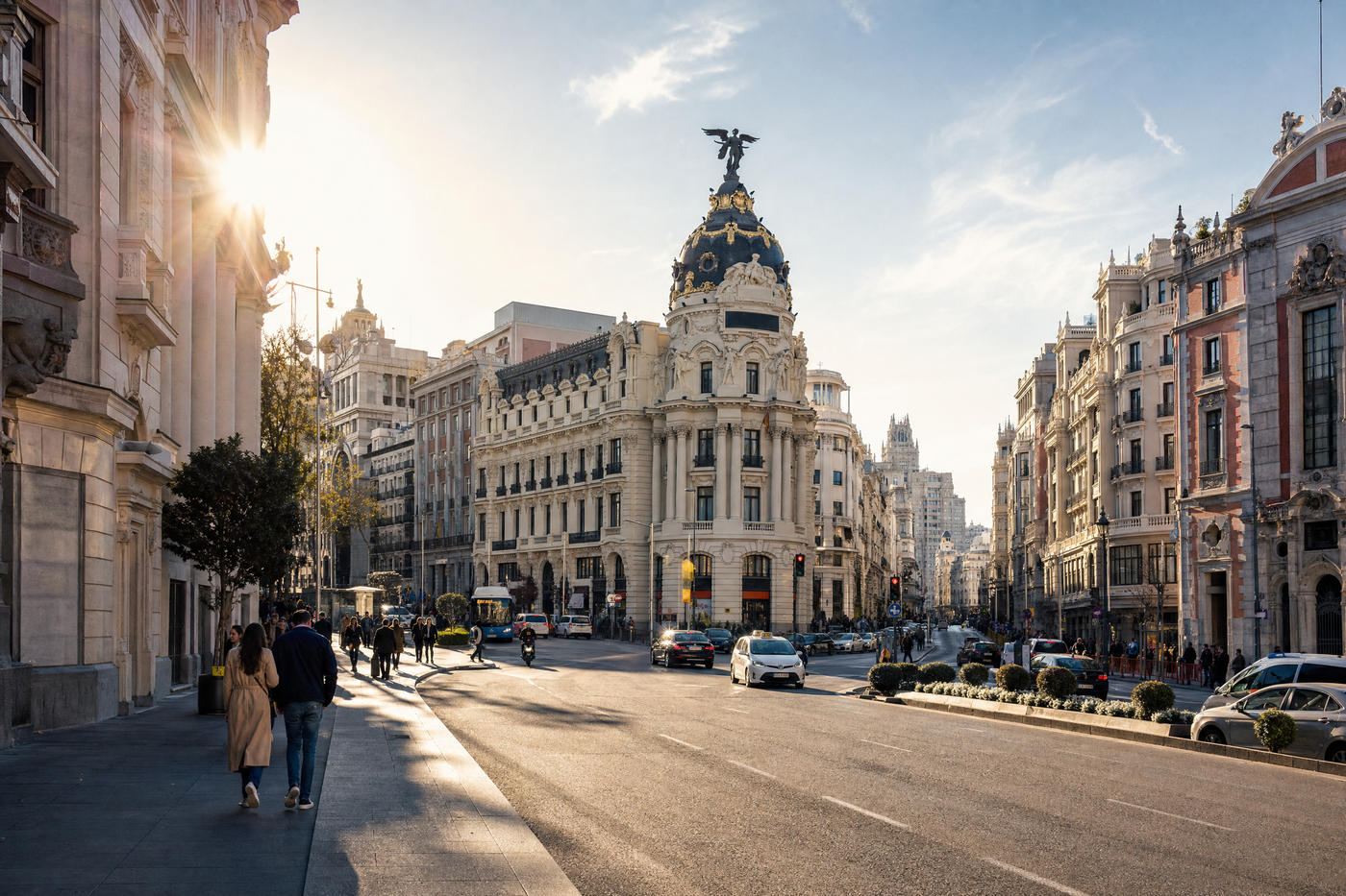 Madrid cityscape with budget travelers exploring iconic attractions