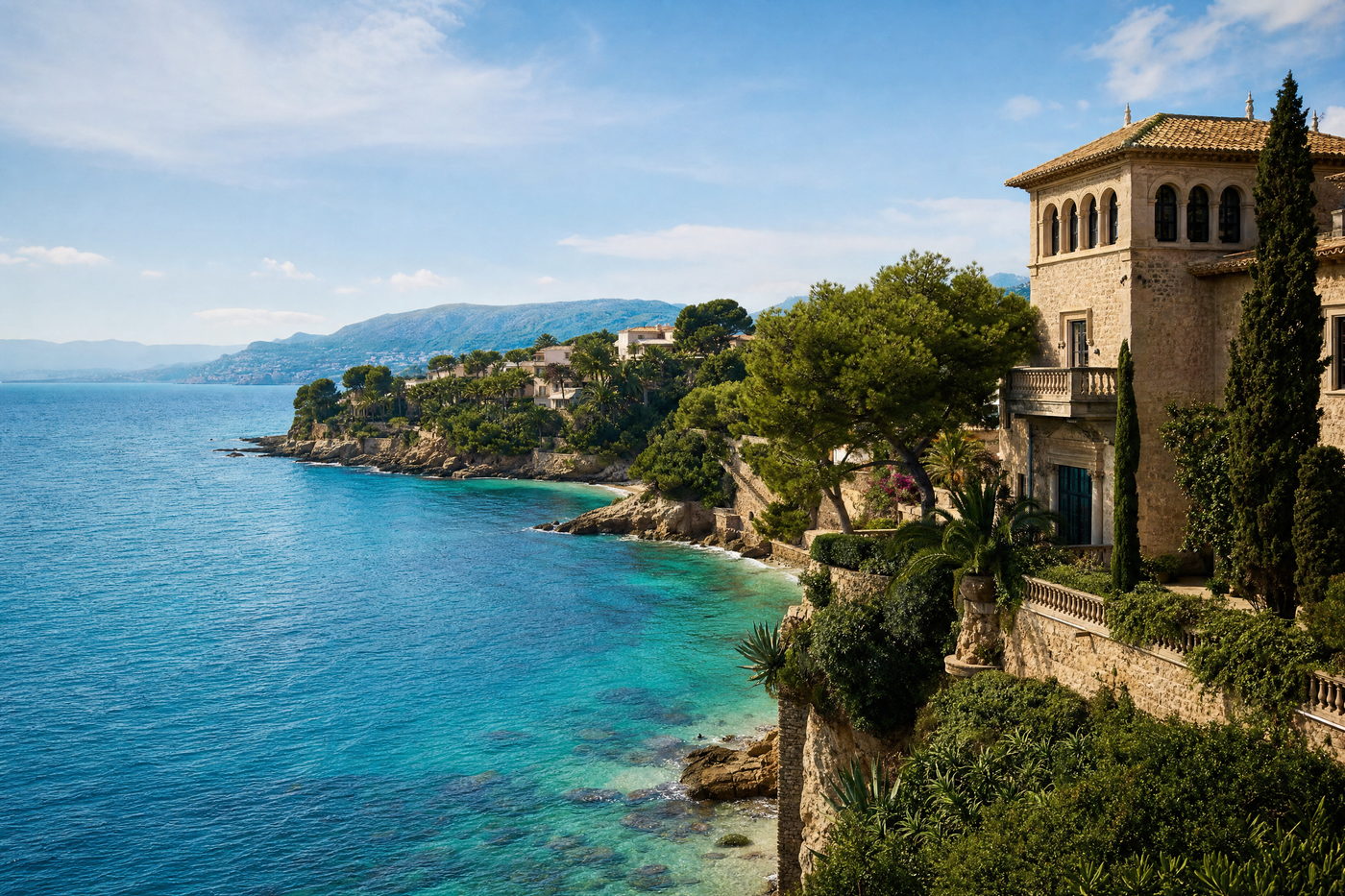 A scenic view of Mallorca's coastline with turquoise waters, rustic villages, and rolling hills under a bright sky.