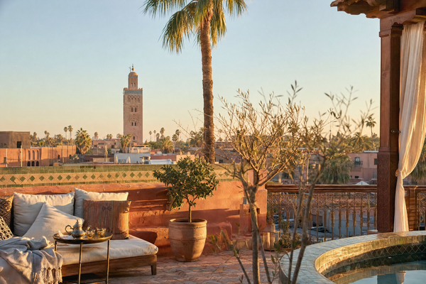 A bustling Marrakech street with colorful souks and city life