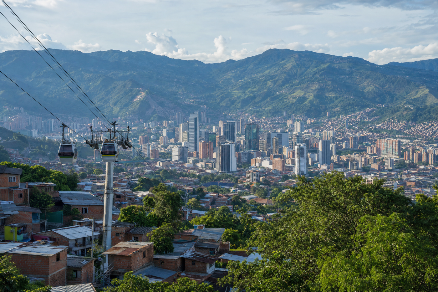 Medellin city skyline with mountains and colorful neighborhoods