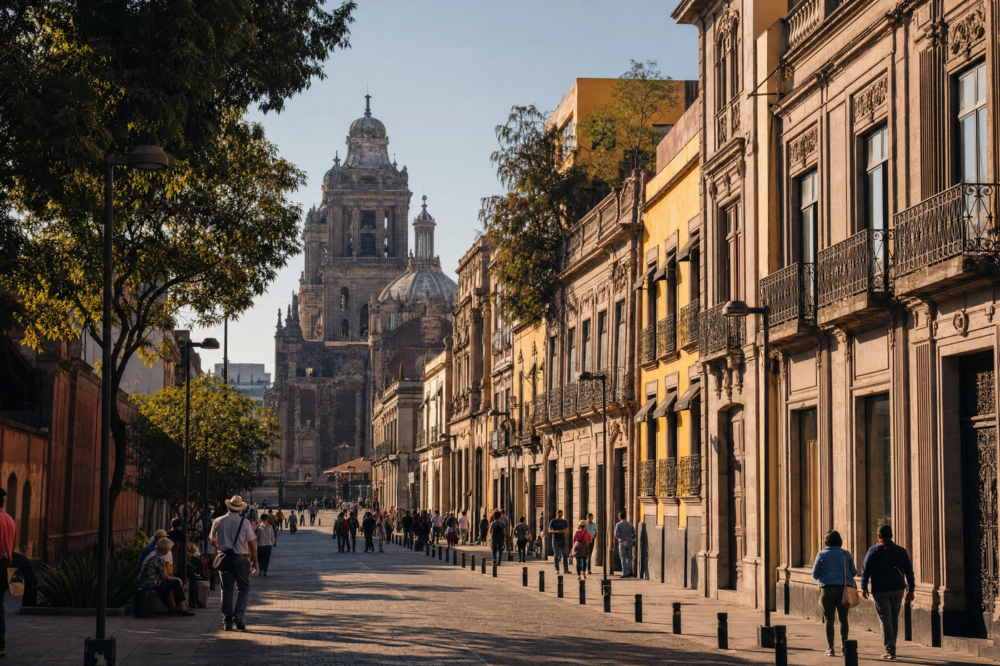 Zócalo square in Mexico City bustling with locals and visitors under a sunny sky