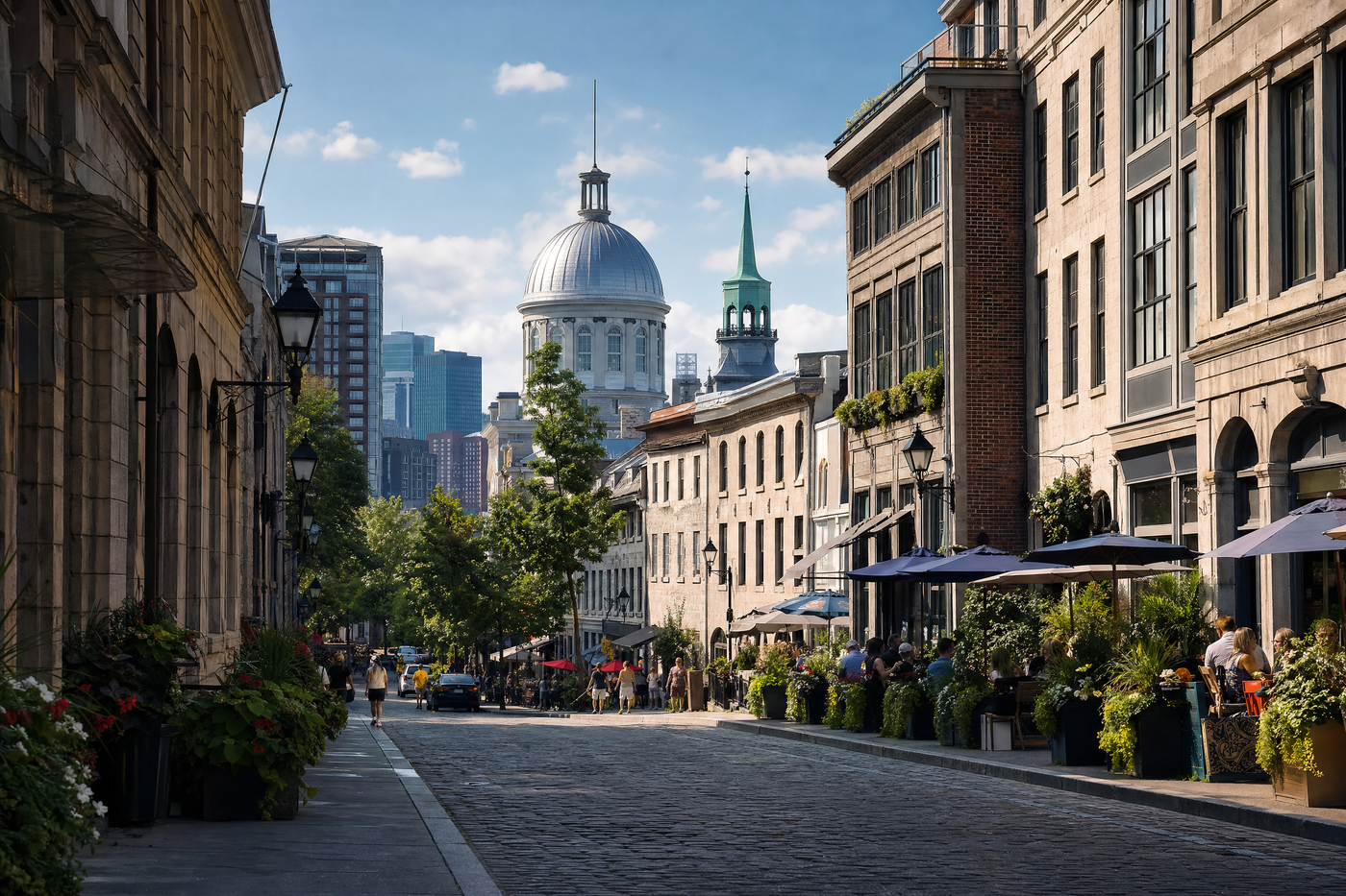 Colorful street in Montreal with budget travelers exploring local sights.