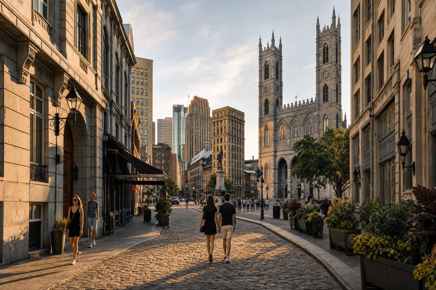 A summer street view of Old Montreal with historic buildings and people walking.