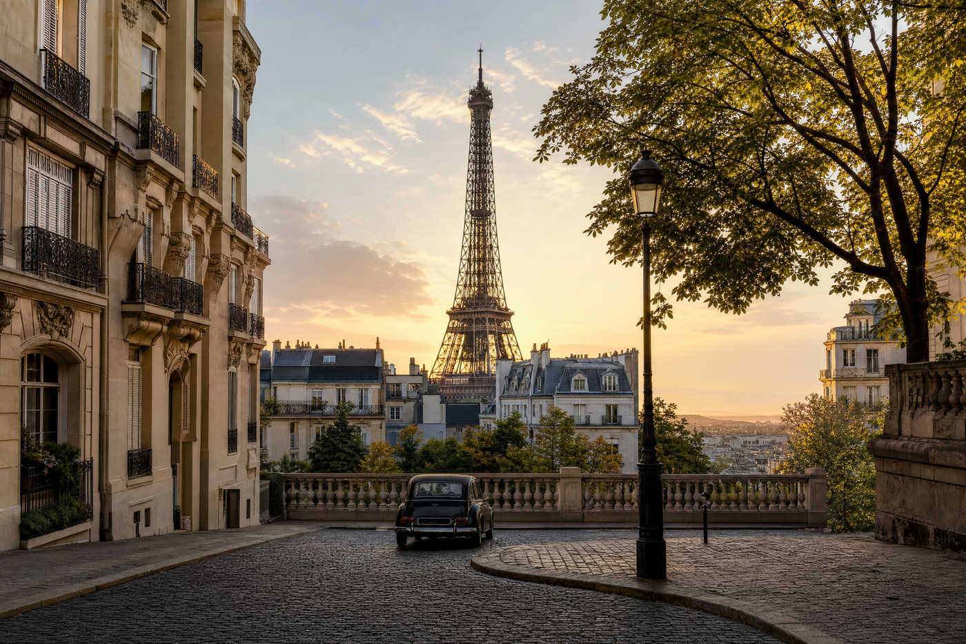 Paris skyline with Eiffel Tower and Seine on a sunny day, viewed from a free overlook