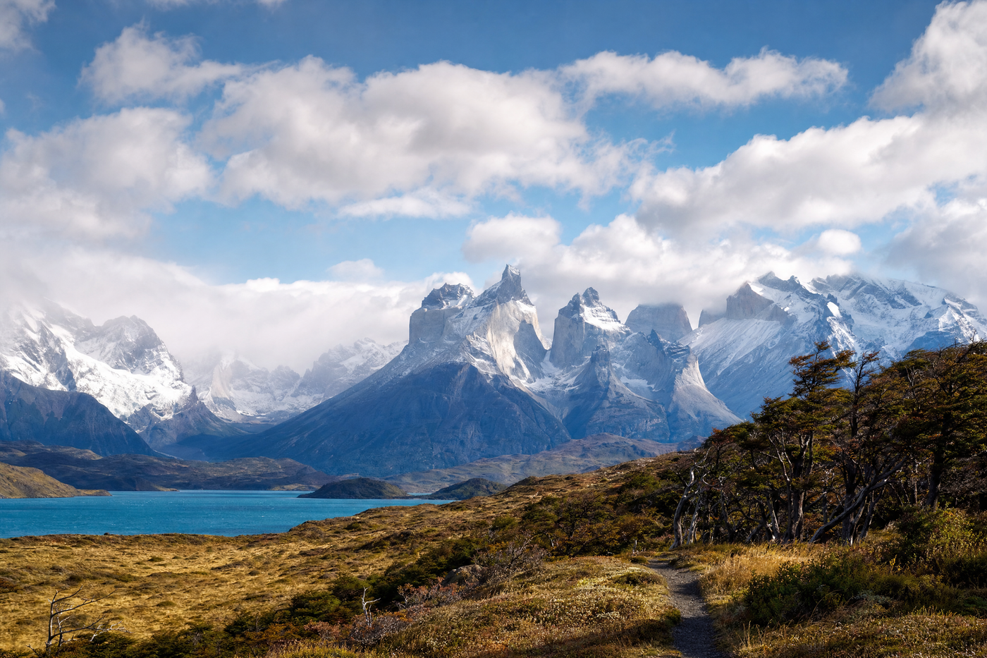Jagged Patagonian peaks rising above blue lakes under soft morning light