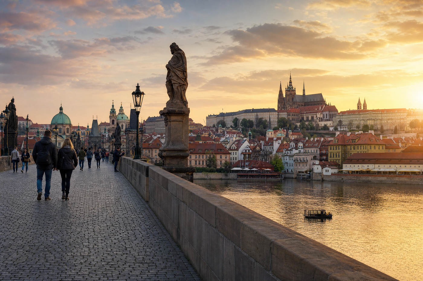 View of Prague Castle and Charles Bridge over the Vltava River with budget travelers walking nearby